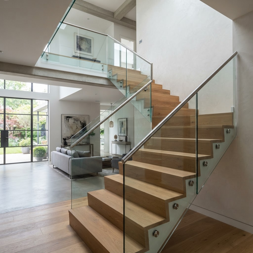 Frameless tempered glass railing with stainless steel handrail on a staircase