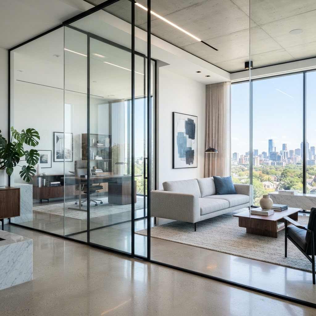 Modern interior with frameless glass partitions and slim aluminium framed sliding doors