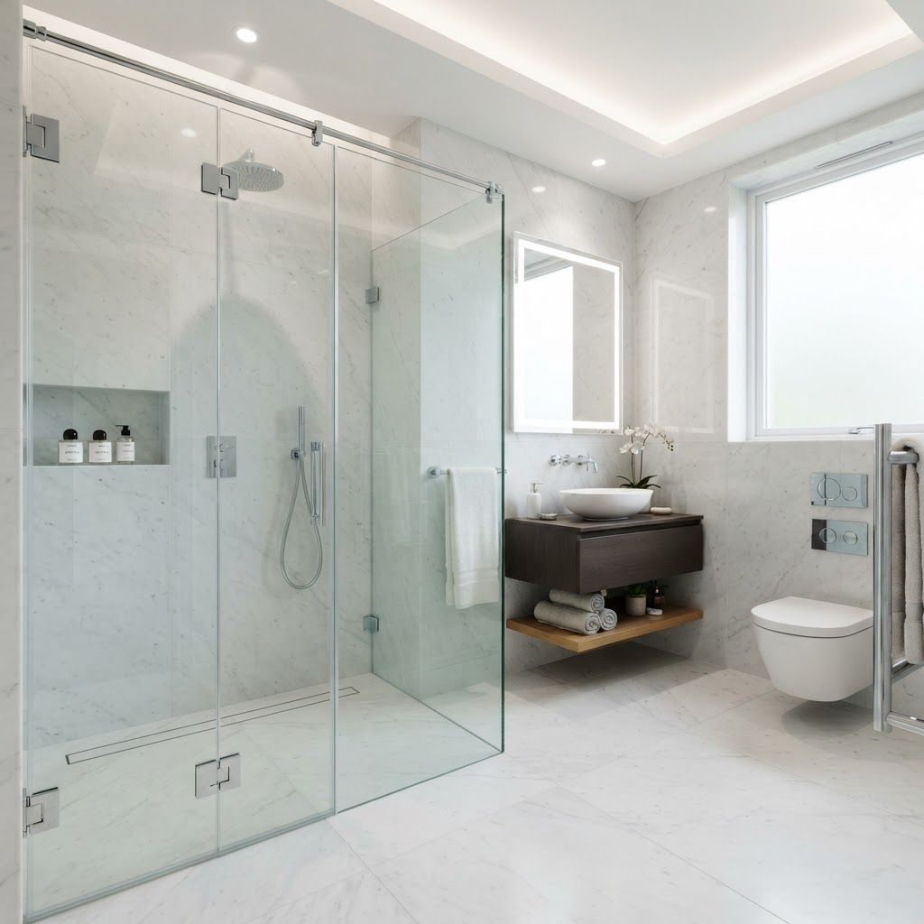 Frameless toughened glass shower enclosure in a modern bathroom
