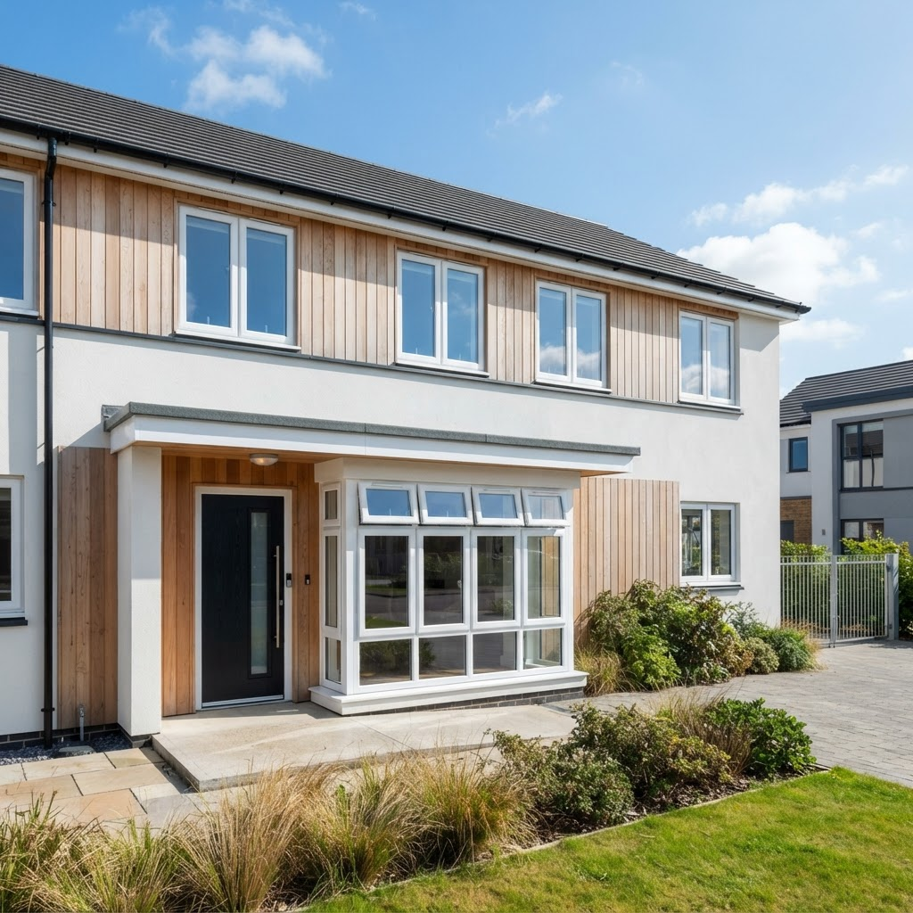 Modern white uPVC double glazed casement windows on a house facade